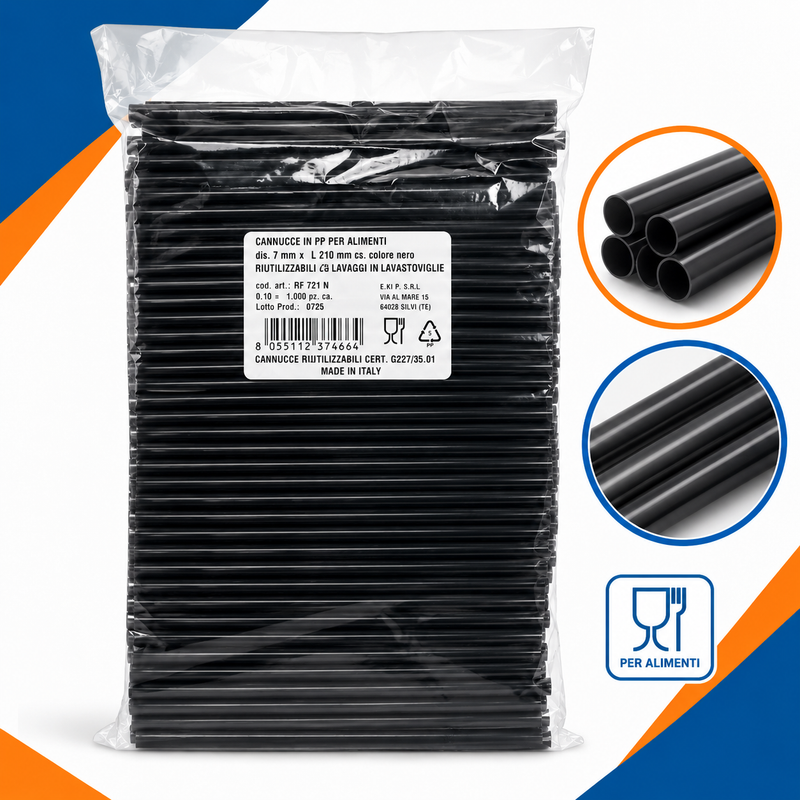 Cannucce Riutilizzabili Nere in PP 21 cm Ø 7 mm – 1000 pz
