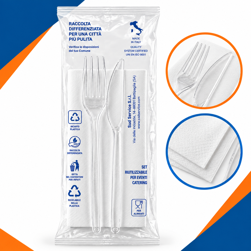 Bis Posate Monouso con Coltello, Forchetta e Tovagliolo 30x30 – Kit Posate Horeca per Ristorazione e Take Away