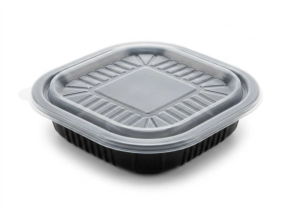 PIATTO QUADRATO NERO CM18X18X3,8H CON COPERCCHIO PER IL TAKE AWAY 50PZ + 50pz