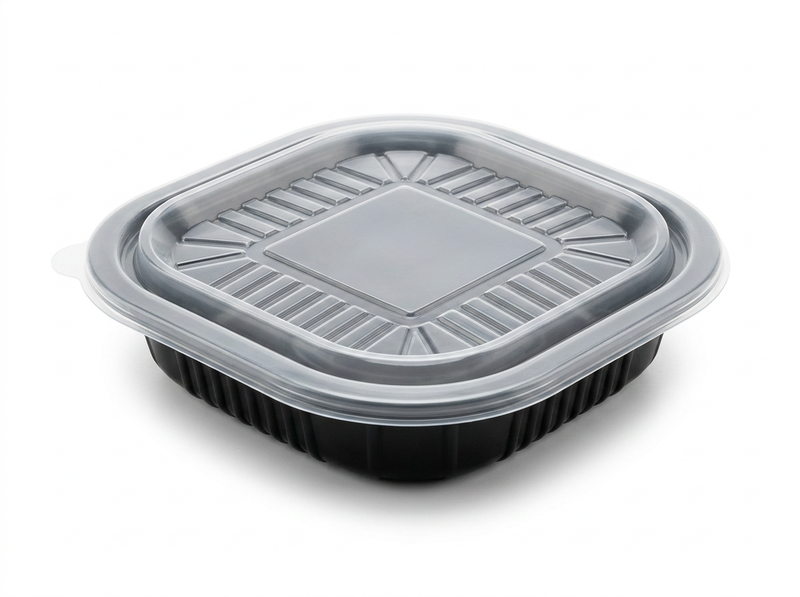 PIATTO QUADRATO NERO CM18X18X3,8H CON COPERCCHIO PER IL TAKE AWAY 50PZ + 50pz